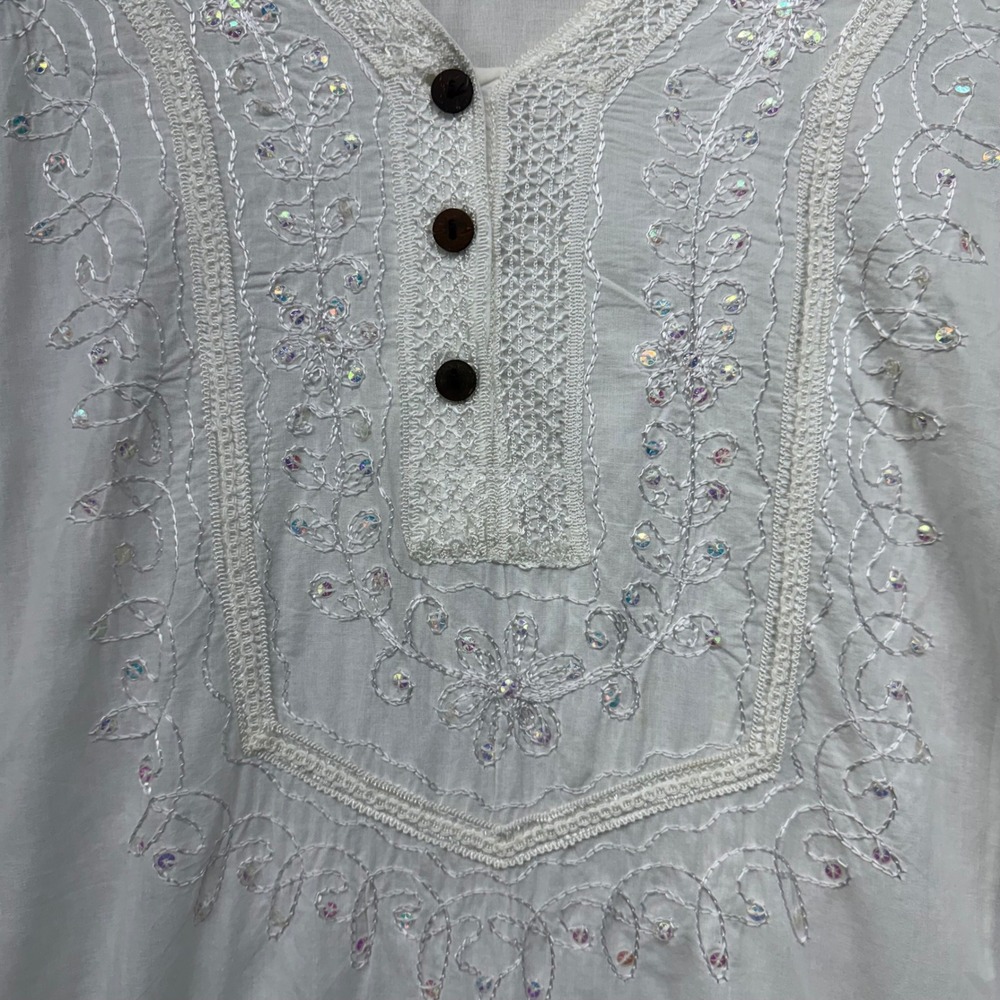 Double Decker White Cotton Embroidered Sequin Tunic Top Plus Size Boho V-Neck - Picture 3 of 14